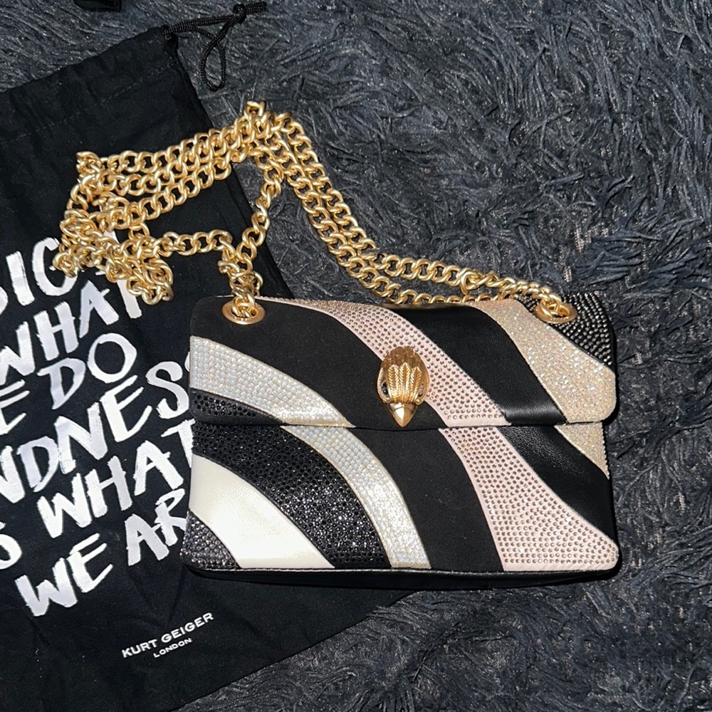 Kurt Geiger Black, White & Pink Embellished Shoulder Bag with Gold Chain